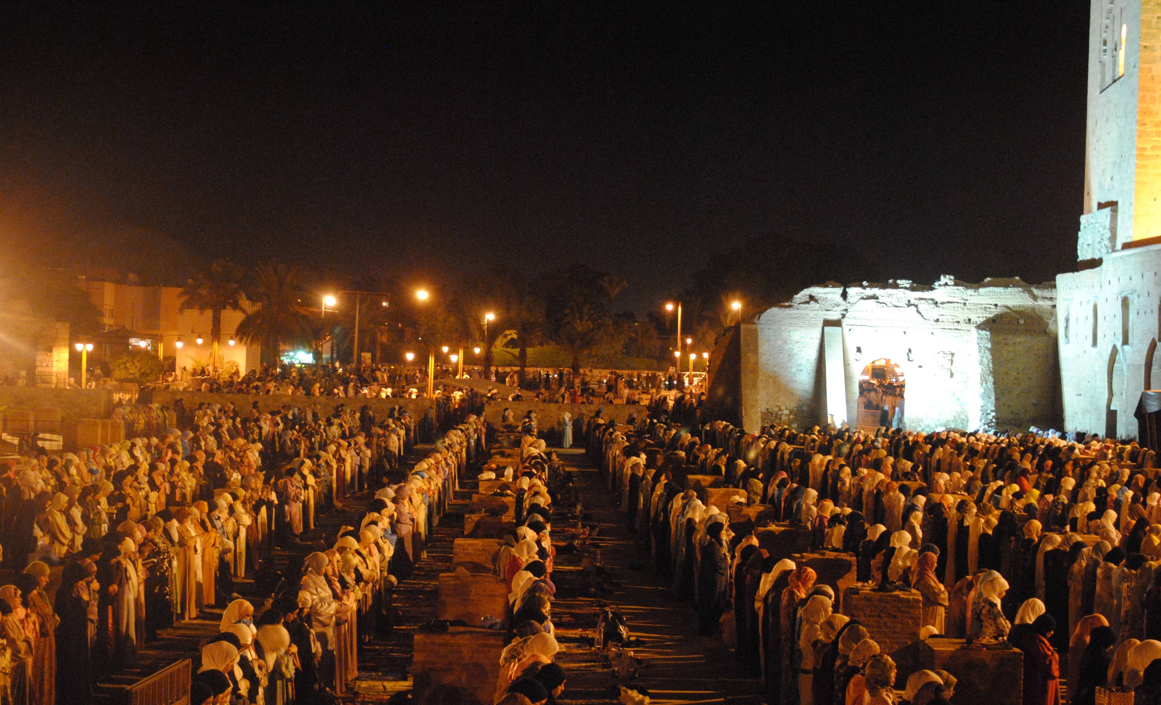 Koutoubia mosque during a faithful gather for Taraweeh prayers, a time of community and reflection