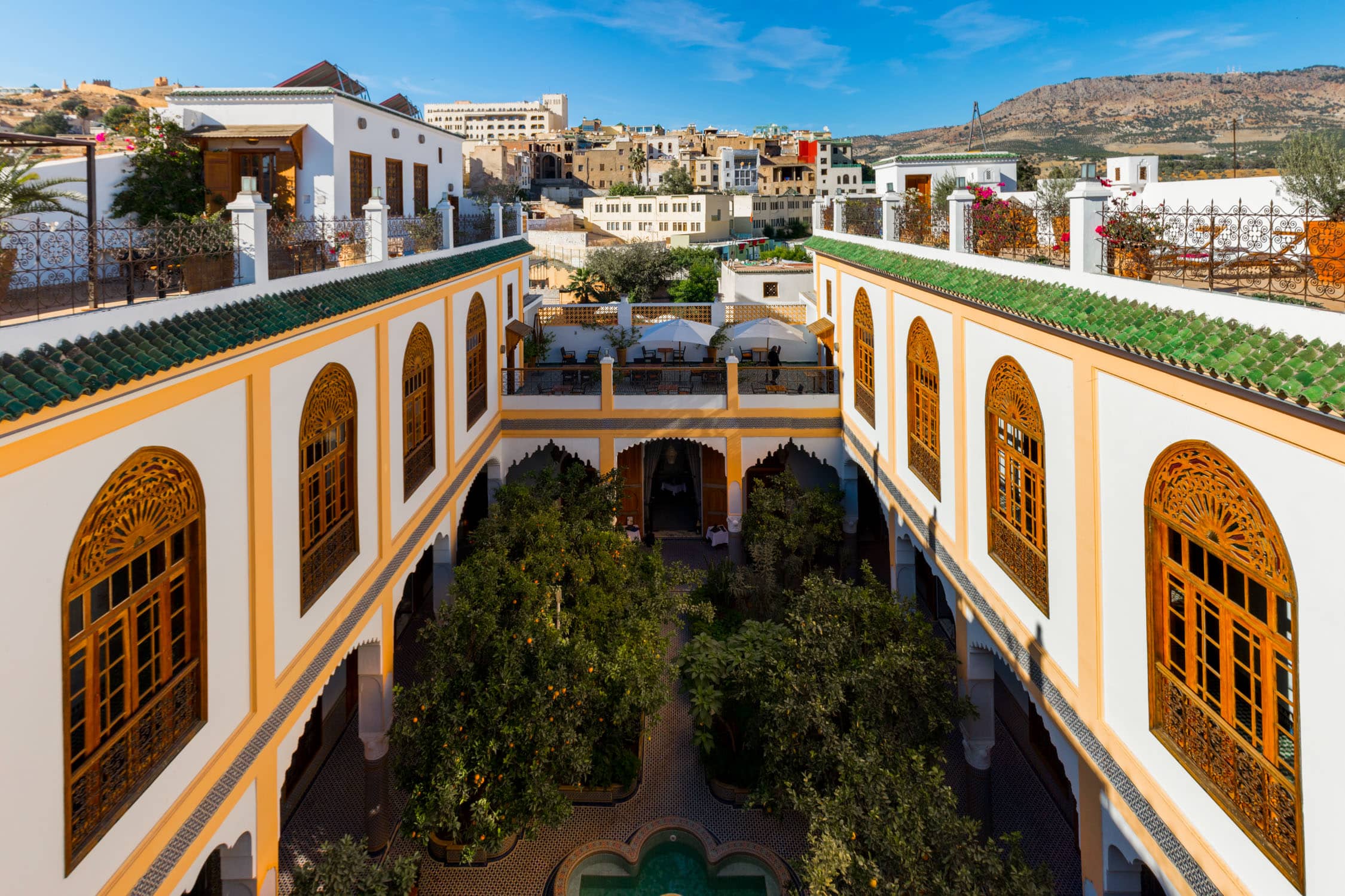 The vibrant and traditional architecture of Palais Amani in Fes.